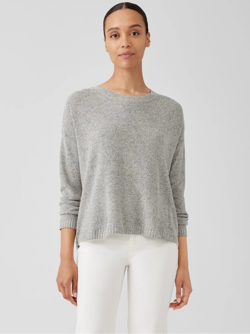 Eileen Fisher System Silk Noil Light Gray Crew Neck Sweater, Lightweight Size S
